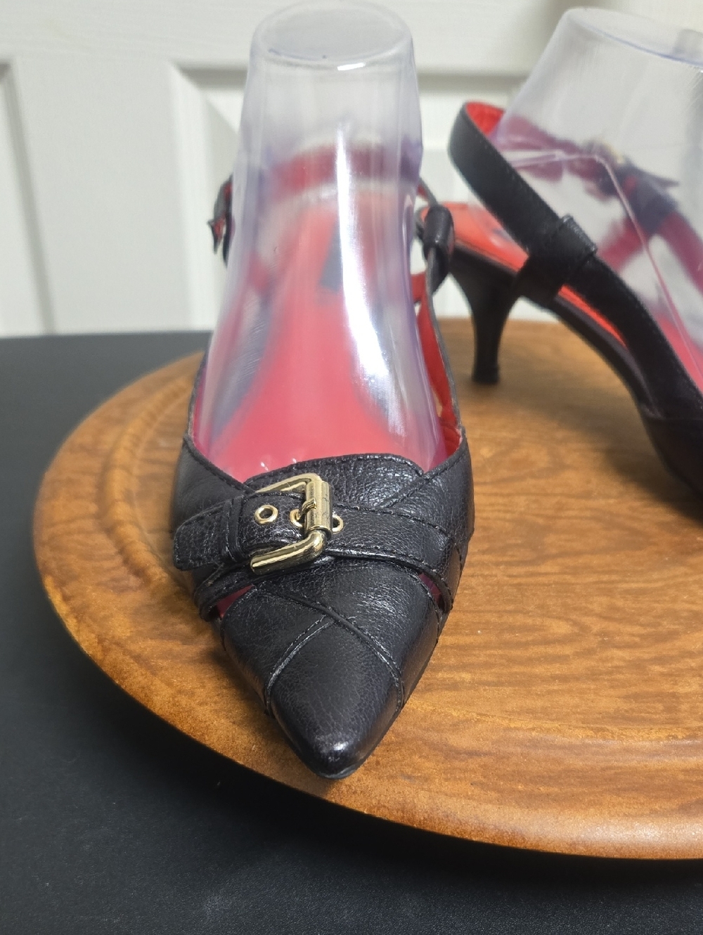Nine West Black Pointed Toe Slingback Heels with Gold Buckle